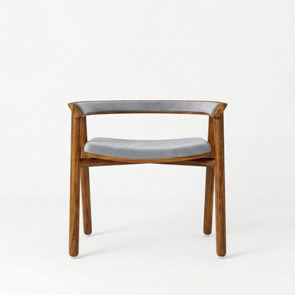 Sheesham Wood Armchair with Grey Cushioned Seat & Backrest - Modern Mid-Century Accent Chair