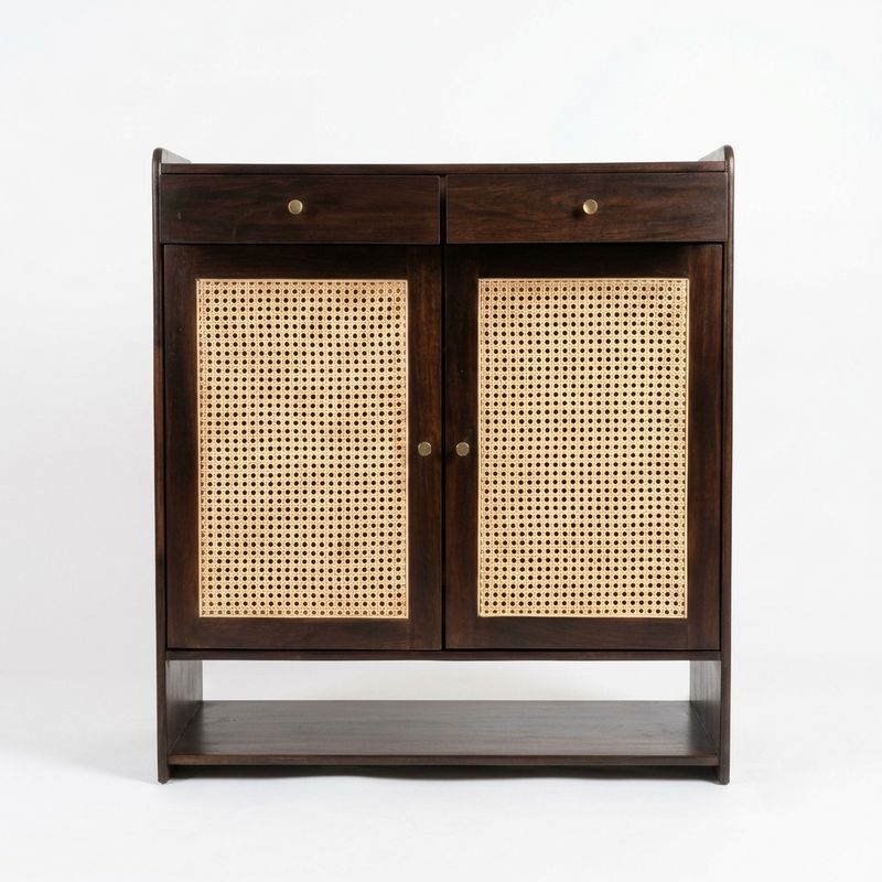 Suryavanshi Wooden Shoe Cabinet with Cane Webbing Doors, 2 Drawers, Open Shelf, Sheesham Wood