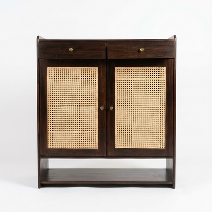 Suryavanshi Wooden Shoe Cabinet with Cane Webbing Doors, 2 Drawers, Open Shelf, Sheesham Wood