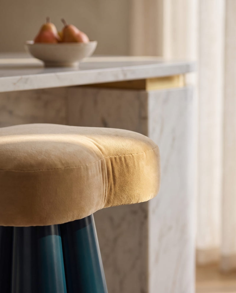 Opal Blue & Gold Bar Stool with Padded Beige Seat