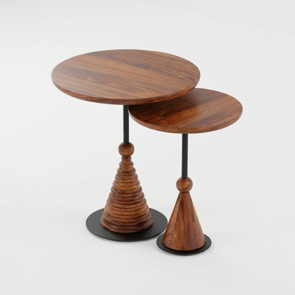 Sheesham Wood Round Nesting Side Tables Set of 2 with Black Metal Details