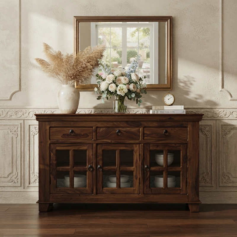 Suryavanshi Sheesham Wood 3 Glass Door & 3-Drawer Sideboard, for Living Room