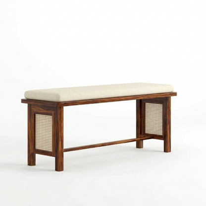 Sheesham Wood Bench with Cream Upholstered Seat & Woven Cane Panels