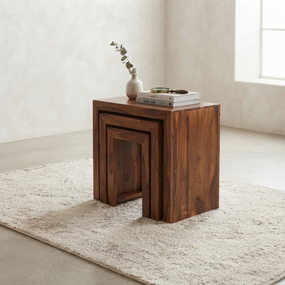 Suryavanshi Venice Solid Wood Nesting Tables Set of 3, Handcrafted Side Tables