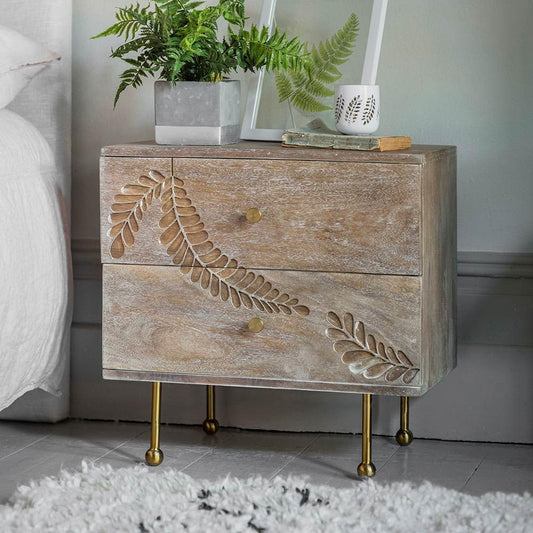 Suryavanshi Fern Bedside Drawers - Hand-Carved Elegance in Mango Wood (35D x 55W x 55H Cm)