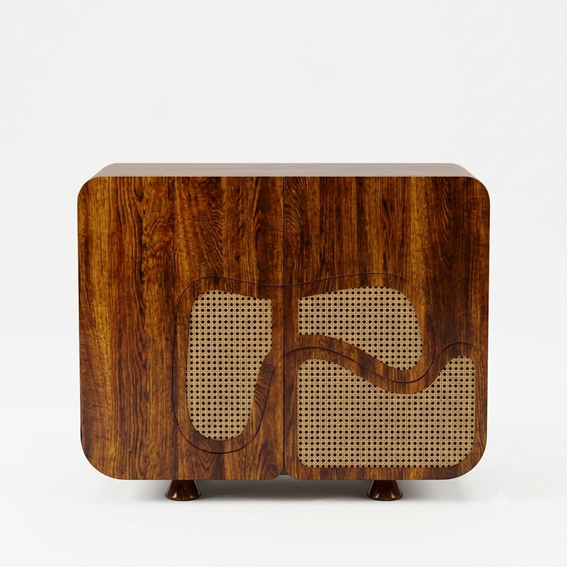 Sheesham Wood Modern Shoe Cabinet with Cane Rattan Doors, Wave Design Storage