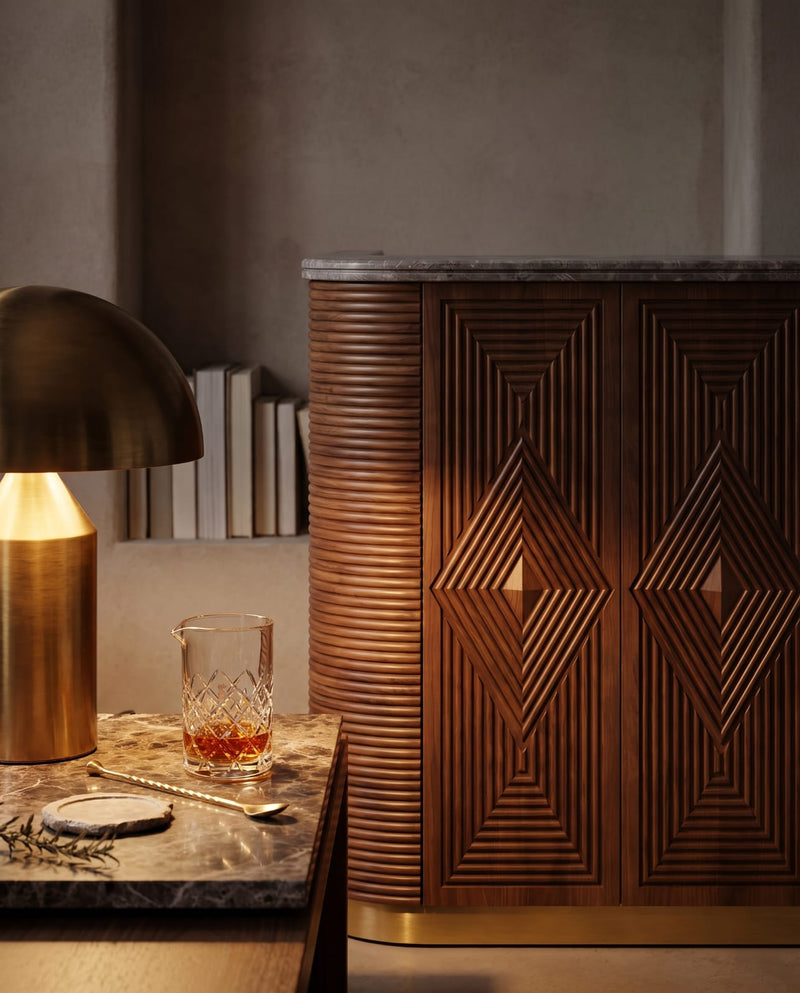 Bentley Fluted Wood Bar Cabinet with Marble Top and Brass Base
