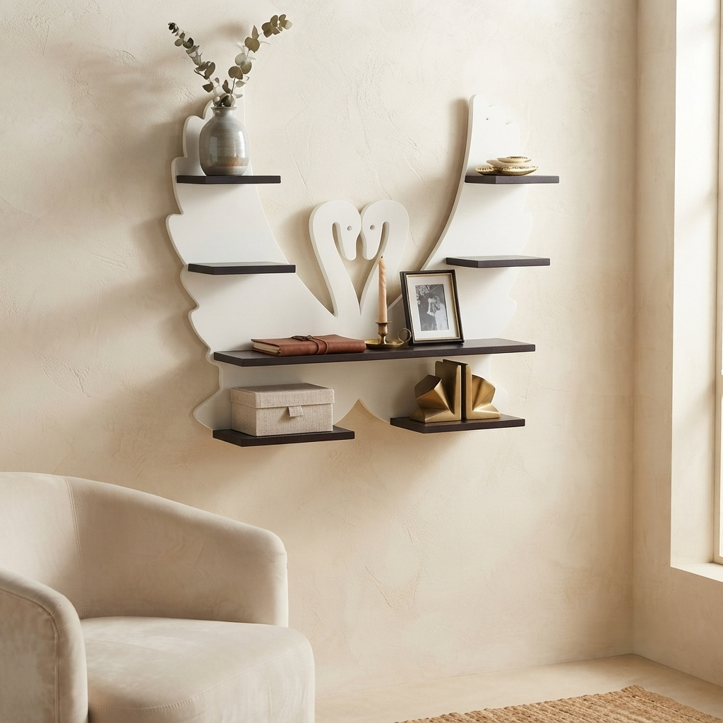 Suryavanshi Tuscany Whire Swan-Shaped Floating Wall Shelf with Multiple Tiers