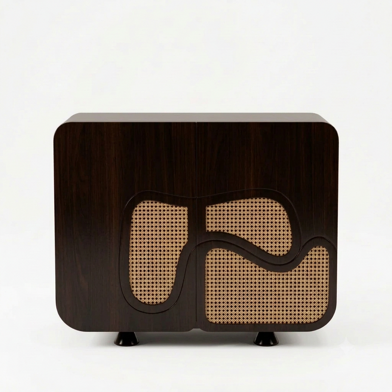 Sheesham Wood Modern Shoe Cabinet with Cane Rattan Doors, Wave Design Storage