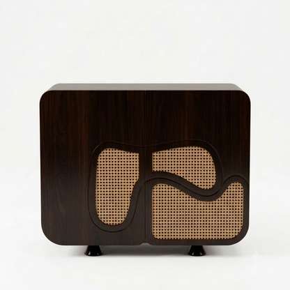 Sheesham Wood Modern Shoe Cabinet with Cane Rattan Doors, Wave Design Storage