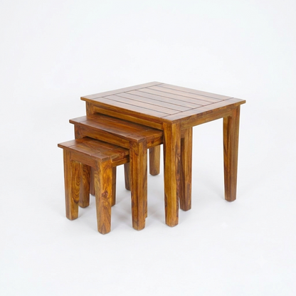 Sheesham Wood Nesting Side Tables Set of 3 – Stackable and Versatile in Honey Finish