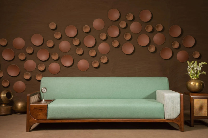 Suryavanshi Sage Harmony Rattan Sofa – Solid Wood Frame with Cane Detailing & Sage Green Upholstery