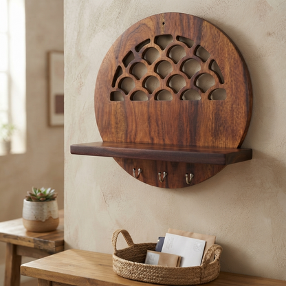 Suryavanshi Florence Wooden Wall Shelf with Key Hooks and Arch Cutout Design