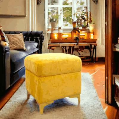 Suryavanshi Velvet Upholstered Pouffe with Iron Brass-Coated Legs – Chic Seating