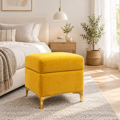 Suryavanshi Velvet Upholstered Pouffe with Iron Brass-Coated Legs – Chic Seating