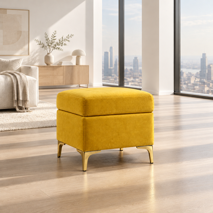 Suryavanshi Velvet Upholstered Pouffe with Iron Brass-Coated Legs – Chic Seating
