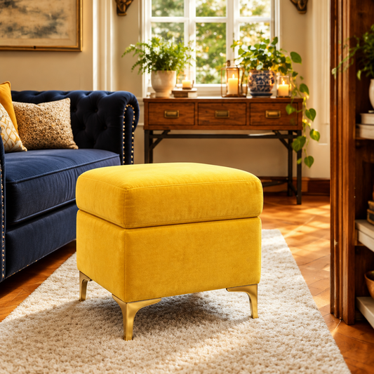 Suryavanshi Velvet Upholstered Pouffe with Iron Brass-Coated Legs – Chic Seating