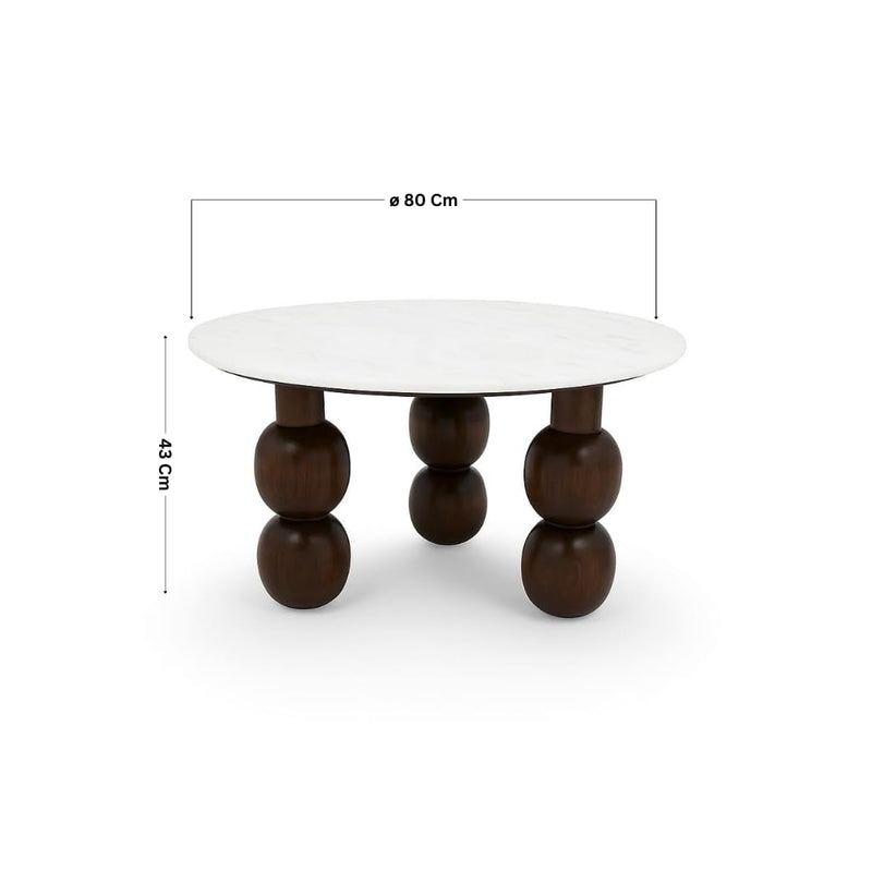 Suryavanshi Premium Round Center Table with Banswara White Marble Top & Solid Wood Ball Legs – Modern Coffee Table