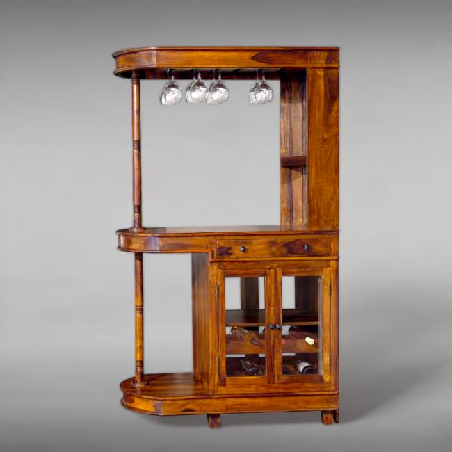 Suryavanshi Sheesham Wood Bar Cabinet for Home Bar - Glass Doors, Drawer, and Ample Storage (Sheesham Wood-Glass Door,(W110 x D60 x H190Cm)