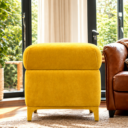 Suryavanshi Velvet Upholstered Pouffe with Iron Brass-Coated Legs – Chic Seating