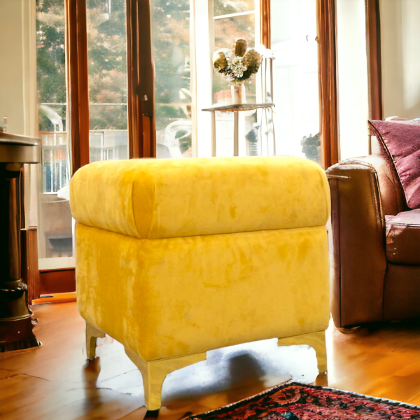 Suryavanshi Velvet Upholstered Pouffe with Iron Brass-Coated Legs – Chic Seating