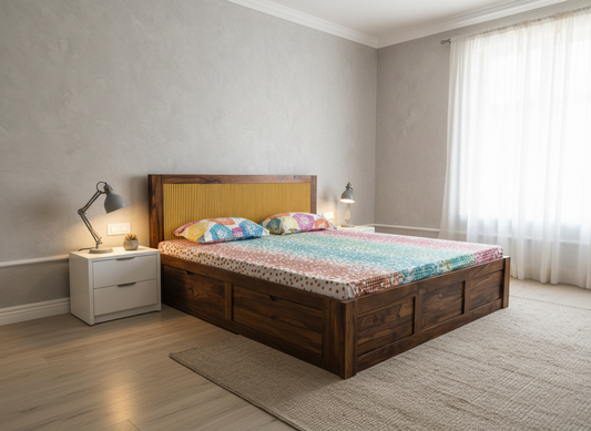 Suryavanshi Sheesham Wood King Size Bed with Headboard & Full Storage – Honey Finish