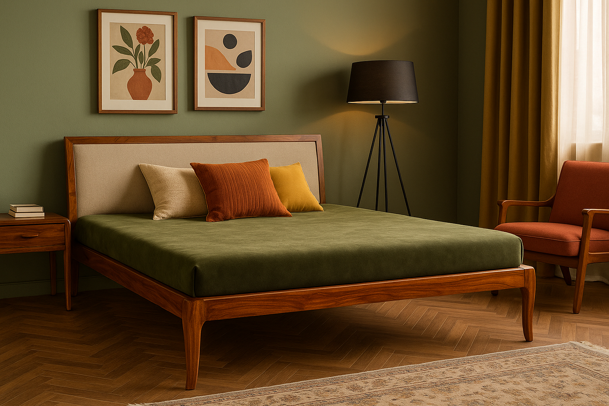 Suryavanshi Mid-Century Modern Solid Sheesham Wood Bed Without Storage with Upholstered Headboard – Queen/King Size