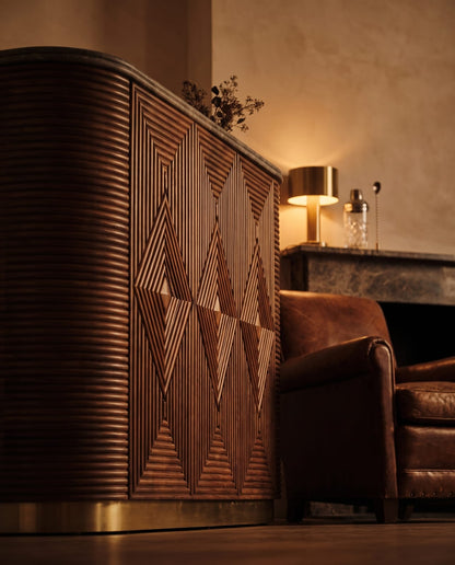 Bentley Fluted Wood Bar Cabinet with Marble Top and Brass Base