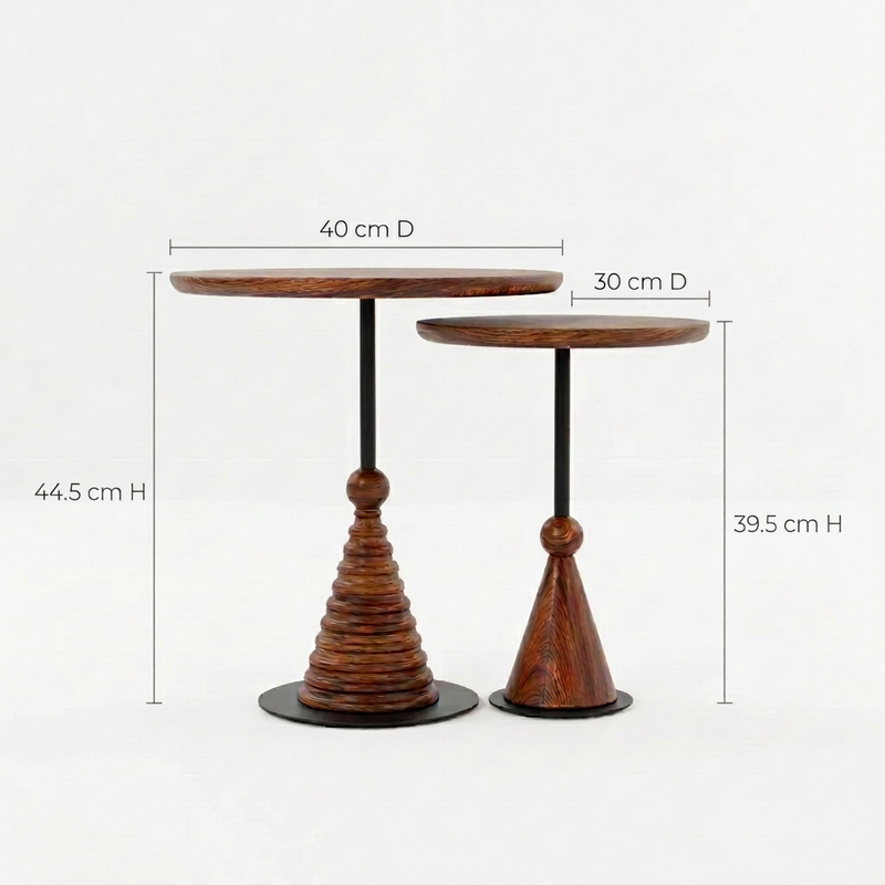 Sheesham Wood Round Nesting Side Tables Set of 2 with Black Metal Details