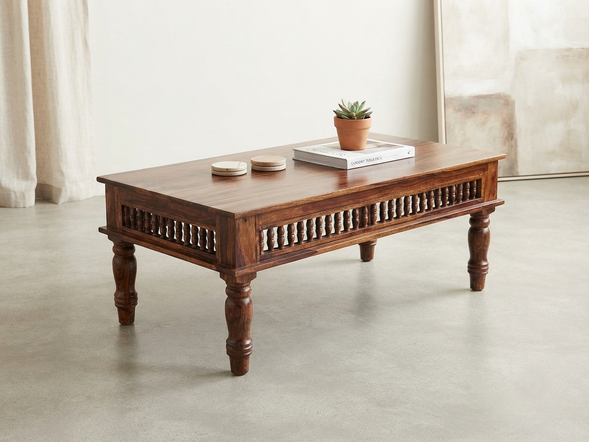 Kothari Solid Wood Coffee Table with Carved Spindle Details, Honey Finish