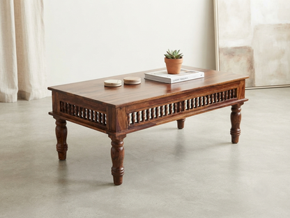 Kothari Solid Wood Coffee Table with Carved Spindle Details, Honey Finish