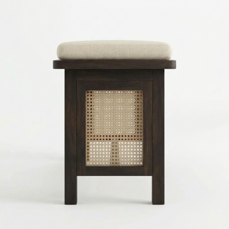 Sheesham Wood Bench with Cream Upholstered Seat & Woven Cane Panels