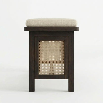 Sheesham Wood Bench with Cream Upholstered Seat & Woven Cane Panels