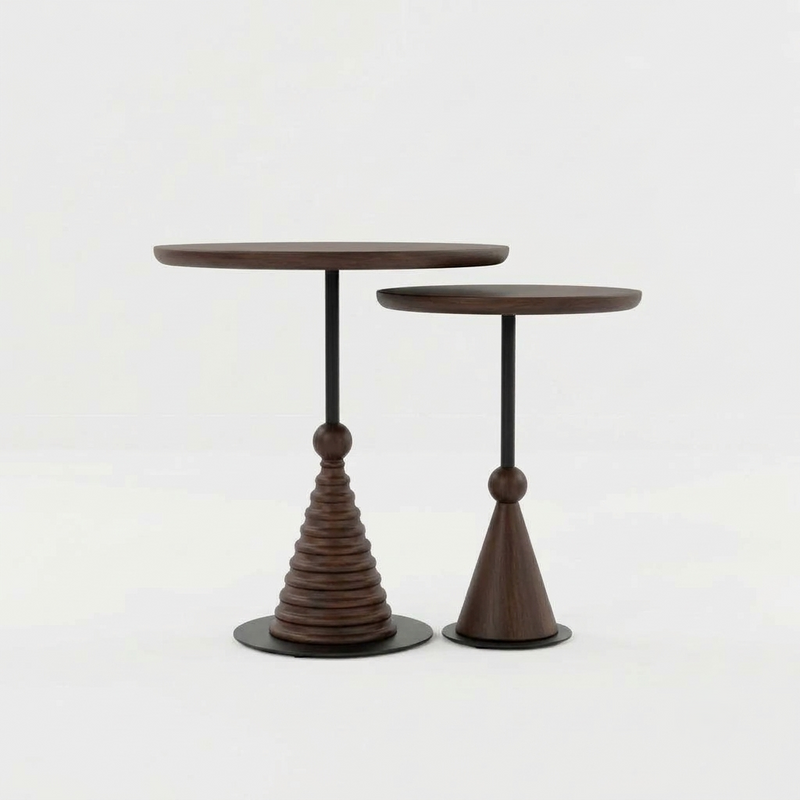Sheesham Wood Round Nesting Side Tables Set of 2 with Black Metal Details