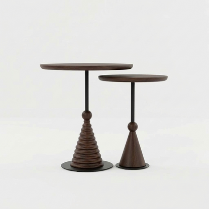 Sheesham Wood Round Nesting Side Tables Set of 2 with Black Metal Details