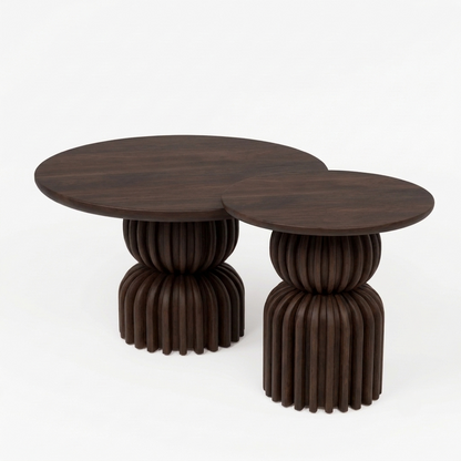 Sheesham Wood Nesting Coffee Tables Set of 2 - Sculptural Ribbed Pedestal Base