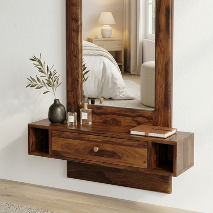 Solid Wood Wall-Mounted Dressing Mirror with Drawer & Side Storage