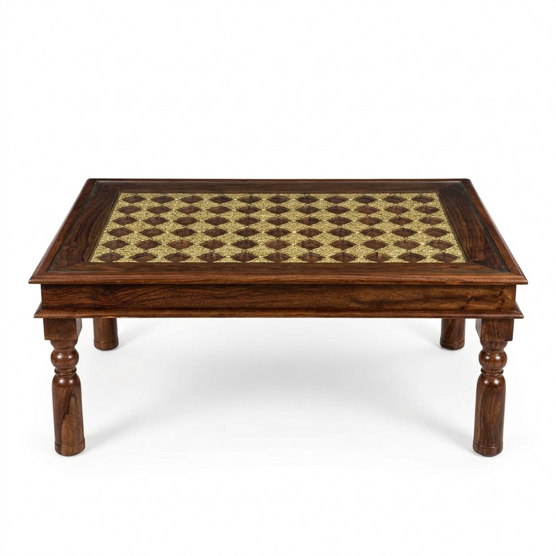 Stratford Sheesham Wood Center Table with Glass Top and Ornate Brass Work – Handcrafted Style