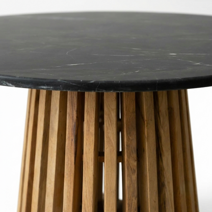 Suryavanshi - Bristol Round Black Marble Dining Table with Wooden Slatted Pedestal Base