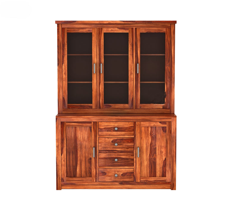 Suryavanshi Furniture Sheesham Wood Kitchen Buffet | Hutch Cabinet : Elegant Storage Solution with Glass Doors and Drawers | Crockery Cabinet | Natural Finish