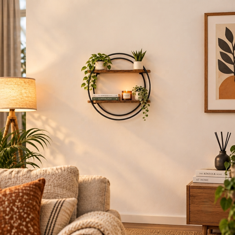 Suryavanshi Elara Round Wall Shelf with 2 Wooden Shelves Black Metal Frame