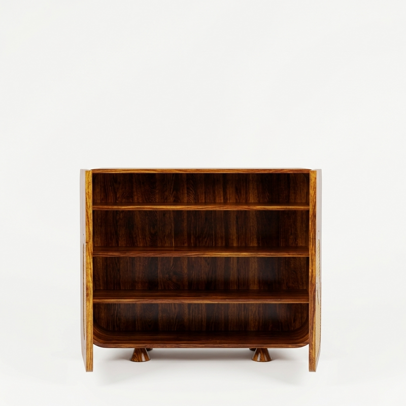 Sheesham Wood Modern Shoe Cabinet with Cane Rattan Doors, Wave Design Storage