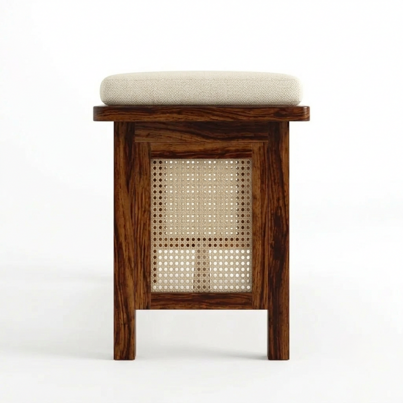 Sheesham Wood Bench with Cream Upholstered Seat & Woven Cane Panels
