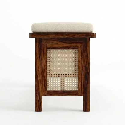 Sheesham Wood Bench with Cream Upholstered Seat & Woven Cane Panels