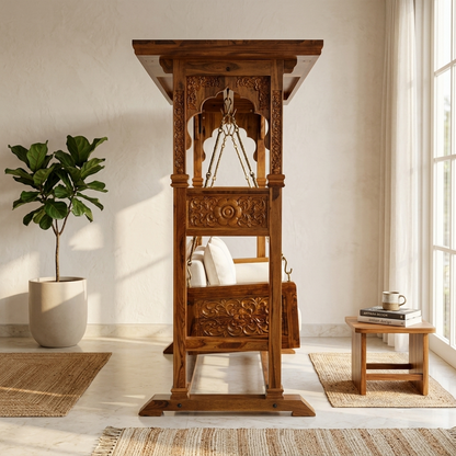 Ambar Solid Wood Temple Swing with Stand | Traditional Hand-Carved Wooden Jhula For Living Room