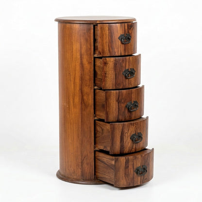 Windsor - Sheesham Wood Round Chest of Drawers with Antique Black Metal Handles, 5 Drawer Storage Cabinet