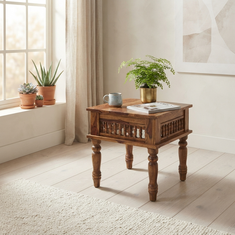 Suryavanshi Kothari Handcrafted Wooden Side Table with Honey Finish & Carved Legs