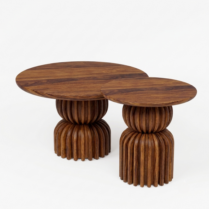 Sheesham Wood Nesting Coffee Tables Set of 2 - Sculptural Ribbed Pedestal Base