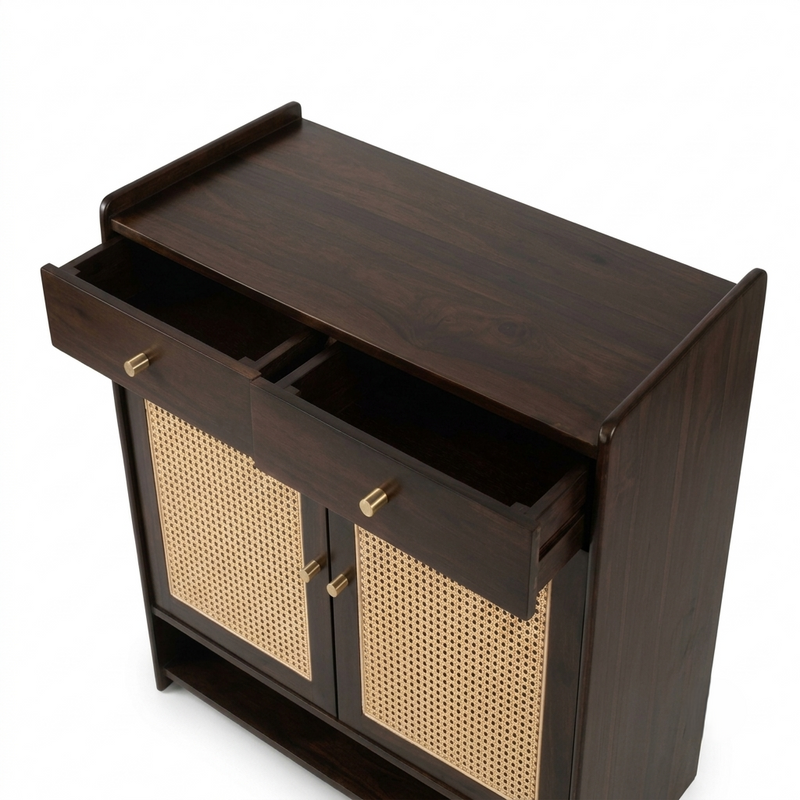 Suryavanshi Wooden Shoe Cabinet with Cane Webbing Doors, 2 Drawers, Open Shelf, Sheesham Wood