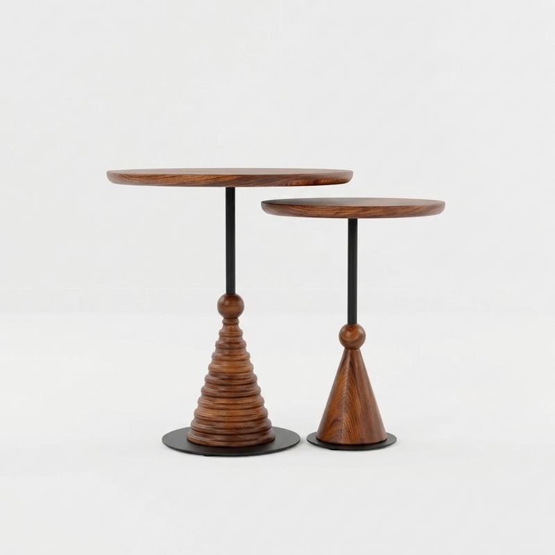 Sheesham Wood Round Nesting Side Tables Set of 2 with Black Metal Details